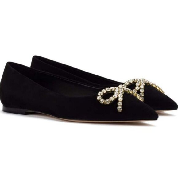 Larroude Lee Black Velvet Crystal Bow Embellished Pointed Toe Flat Women's 8.5 - Picture 4 of 9